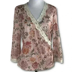 Nine West top sz large multicolored floral faux wrap 3/4 sleeve 90s Y2k vintage